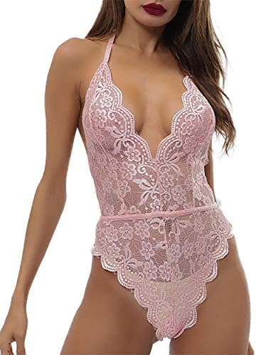 gagaopt One Piece Lingerie Lace Bodysuit Deep V Neck Halter Babydoll Underwear