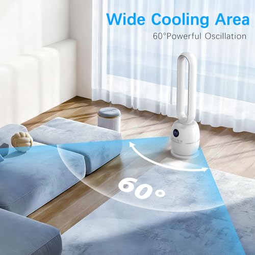 Teoryieer Tower Fan Without Blades, 90 cm Fan Without Blades, DC Motor, 12 Speeds, 12H Timer, Remote Control, LED Display, Automatic Oscillation 60°