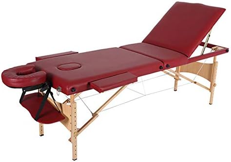 Massage Table Portable 3 Section Folding Couch Bed Lightweight Beauty Salon Tattoo Therapy Wooden Frame - Wine red