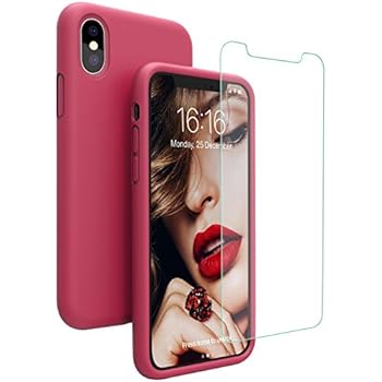 JASBON Silicone Case for iPhone X/iPhone Xs Case, Liquid Silicone Case with Free Screen Protector Gel Rubber Shockproof Cover Full Protective Case for Apple iPhone Xs/X-Rose Red