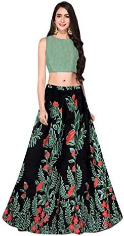 Omstar Fashion Women's Satin Silk Printed Semi-Stitched Lehenga Choli (Black and Olive Green, Free Size)