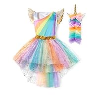 VOGUEON Kids Unicorn Costume Dress Girl Princess Flower Rainbow Tail Dress (7-8 Years, Unicorn Rainbow)