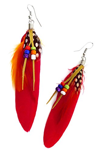 Bijou De JaBijoux De Ja Rhodium Plated Boho Beaded Natural Feather Drop Dangling Earrings