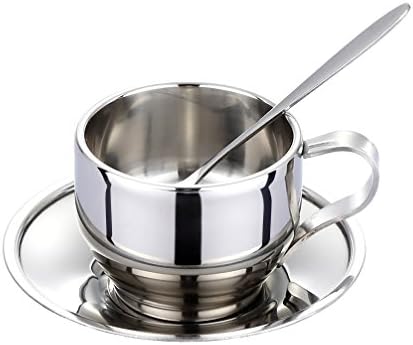Coffee Cup Set - Stainless Steel Double Walled Insulated Coffee Mug Espresso Latte Cappuccino Tea / Milk Cup with Saucer and Spoon,125ml/4.2 oz