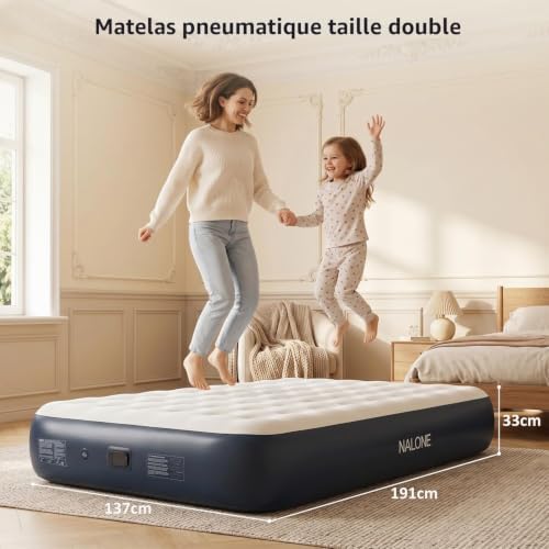 Matelas Gonflable 2 Personnes Full Size, Lit Gonflable Électrique Auto-Gonflant avec Pompe Intégrée Rechargeable Idéal Camping et Maison 191x137x33cm