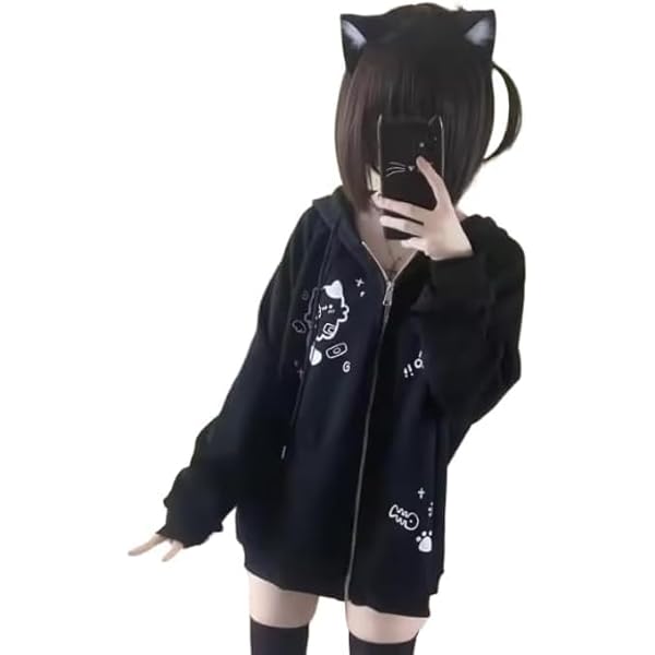 Amazon.com: Wayolyn Kawaii Cat Ear Hoodie Y2k Zip Up Harajuku