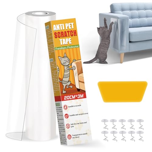 Cat Sofa Scratch Protector, 20 cm x 3 m – Sofa Protector for Cats Scratches, Sofa Protector for Cats, Dog Scratches Door Protector with 10 Nails and Scraper, Transparent Film Self-adhesive