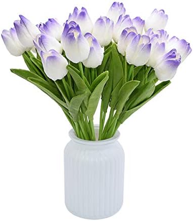 YONGSNOW 10pcs Artificial Flowers Real Touch Tulips Bouquet Fake Tulip for Wedding Home Party Decoration Bride Bouquets (White Purple)