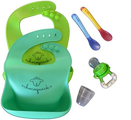 Waterproof Silicone Baby Bib Combo - Includes Two Soft and Light Weight Adjustable Bibs, Two Baby Feeding Heat Sensing Spoons and a Baby Feeder for Healthy Teething