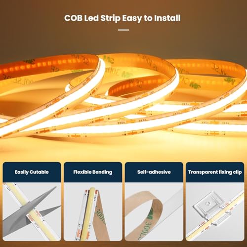 TENDIST 5M COB LED Strip Bluetooth, 2700K CRI90+ Warm White LED Strip Lights Dimmable with Remote and APP, 24V Cuttable Light for Acoustic Panel, Bedroom, Kitchen, Shelf, Cabinet, Bookcase