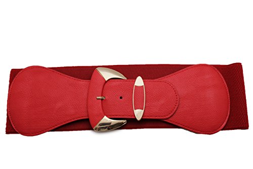 TFJ Women Fashion Wide Belt Elastic Hip High Waist Gold Metal Buckle Fits S M Red