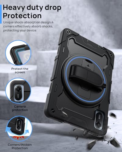 Gerutek Shockproof Case for Xiaomi Redmi Pad 2 11 Inch 2025 / Redmi Pad SE 11 Inch 2023, Rugged 3 Layer Structure Case with 360° Rotating Stand Hand Strap and Lanyard Holder Pen Holder Black