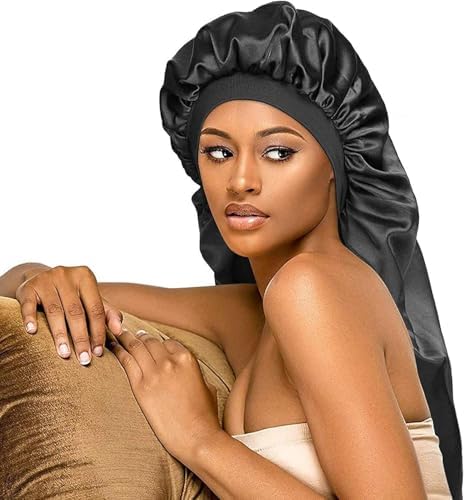 ELECDON Sleep Cap Long Satin Bonnet Sleep Cap, Black Extra Large