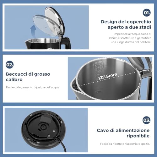 Bollitore elettrico 1800 W-2200 W, 1,7 l, 45 °C ~ 100 °C, con 6 regolazioni di temperatura, spegnimento automatico e funzione di mantenimento in caldo, acciaio inox 304, protezione asciutta
