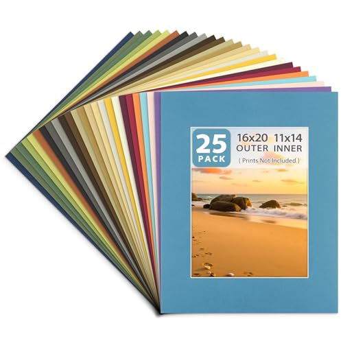 Golden State Art, Pack of 25, Acid-Free 16x20 Mixed Colors Pre-Cut Picture Mats for 11x14 Photos with White Core Bevel Cut Frame Mattes