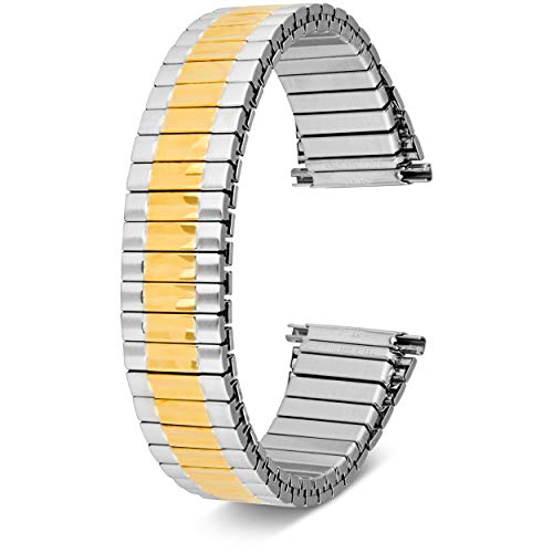 Mens Top Stainless Steel Stretch Watch Band, Oyster Style Look Expansion Tapered Metal, Choice of Colors (16mm,18mm, 20mm Or 22mm) Straight Expandable Ends, No Clasp Two Tone - by United Watchbands