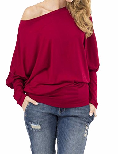 Sexyshine Women's Autumn Long Batwing Sleeve Off-Shoulder Drape Jersey T Shirts Tunic Top(WR,M)