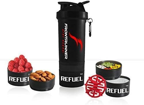 Latest Refuel Shaker - Flame Series - Uses include Protein Shaker, Smoothie holder, Water Bottle Or Even Coffee Cup | 600ml Main Compartment + 2 Additional Storage Containers for Powders, Pills, or Snacks, BPA Free Plastic, Ml + Oz Gauge