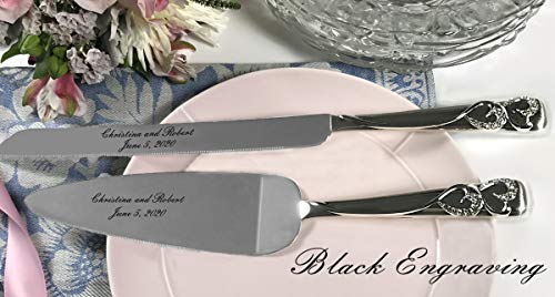 Personalized Engraved Customized Wedding Accessories Sparkling Love Silver Plated Cake Knife and Server Set, Black Engraving