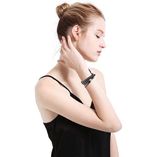 MOWOM Alloy Genuine Leather Bracelet Bangle Cuff Rope Simulated Hematite Bead 3 Wrap Adjustable - Thumbnail 4
