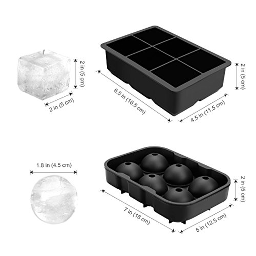 Finether Set of 2 Silicone Ice Cube Trays, Easy-Release Whisky Ice Ball Maker Large Square Ice Cube Mold, FDA Approved Eco-friendly Reusable for Kitchen Freezer Refrigerator Bourbon Cocktails, Black