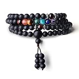 AmorWing Buddhist Prayer 108 Mala Beads Matte Onyx 7 Chakra Semi Precious Gemstone Bracelet/Necklace 6mm
