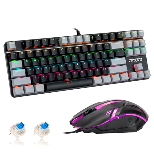 75% Mechanical Gaming Keyboard and Mouse, CHONCHOW TKL 87 Keys Blue Switche RGB Rainbow Backlit Keyboard 4200DPI Mouse Combo for Windows Laptop PC Gamer (Grey)