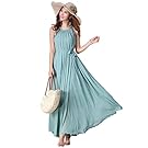 Dolpind Womens Vintage Boho Chiffon Cocktail Beach Sleeveless Long Maxi Dress (Cyan)