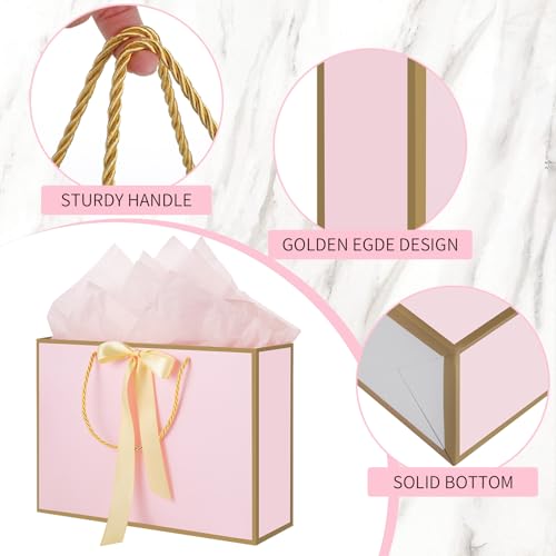 woric Pink Gift Bags with Handles, 14" Medium Gift Bags with Tissue Paper, 2 Pcs Pink Bags with 4 Tissue Paper and 2 Cards for Baby Shower Wedding Bridal Shower Graduation Birthday Party