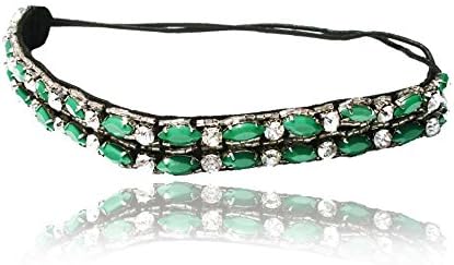 Emerald Green Rhinestone and Beaded Headband#66 Bohemian Style Headband. Elastic Band to Fit Any Size Head. Comes with Look Guide to Show You Many Styles.