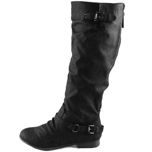 Top Moda Coco-1 Buckle Riding Knee High Boots with Back Zippers Black or Tan (9, Black)