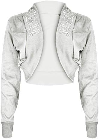 Oops Outlet Women's Diamantes Studded Cotton Bolero Cardigan Shrug Cropped Top Plus Size (US 16/18) Cream