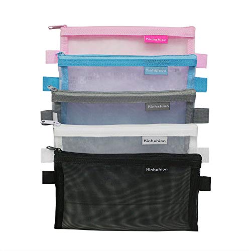 Kinhshion Clear Pencil Case,Mesh Zipper Pouch, Cosmetic Case Makeup bag Office Supplies and Travel Accessories,5 PCS 5 Colour. (605)