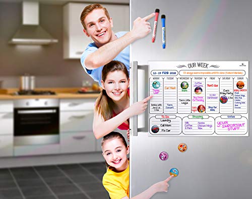 HomeN'Stars Weekly Whiteboard Calendar Magnetic Dry Erase Weekly Planner Message Board for Fridge Bonus 10 Magnetic Icons and 2 Markers 16"X12" White