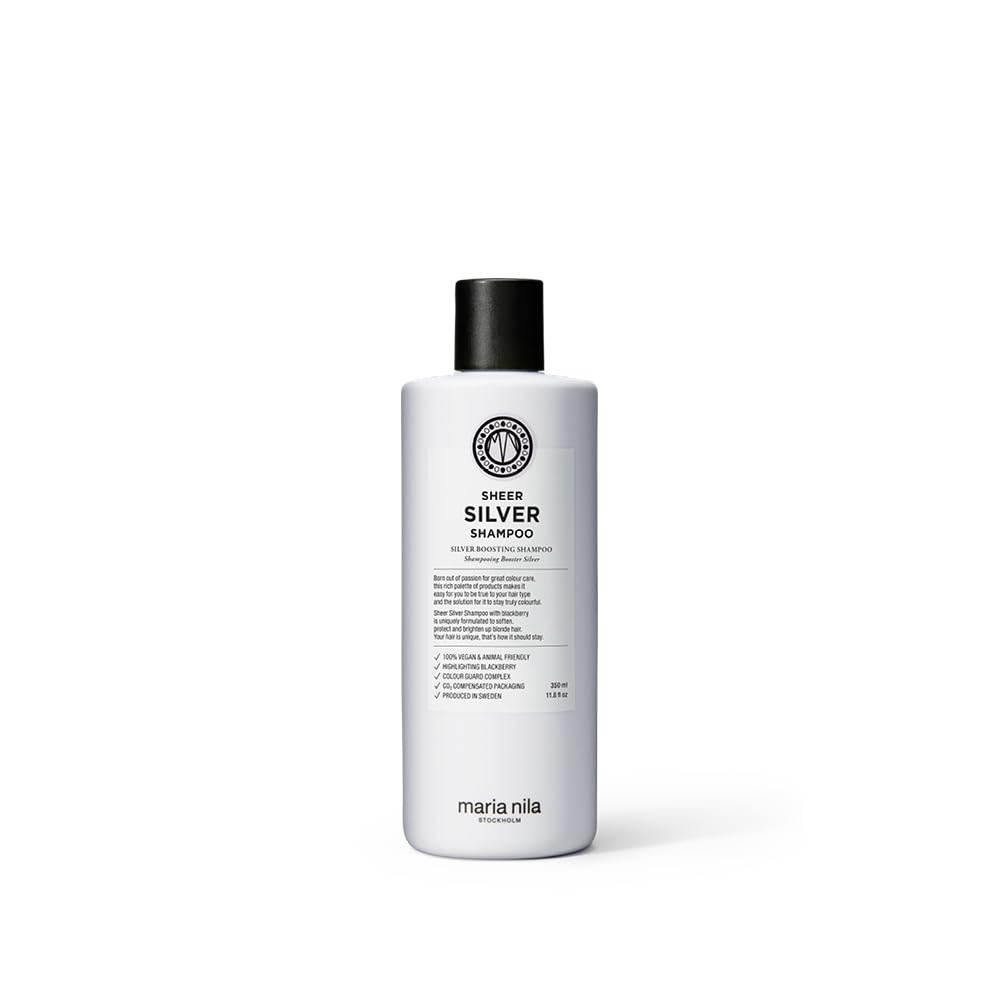 Maria Nila Sheer Silver, Shampoo 350 ml, Purple/Silver Treatment, Neutralizes Golden Shades in Blonde, White & Grey Hairs, Violet Pigments Gives Cool Tone, 100% Vegan & Sulfate/Paraben free