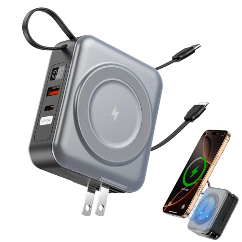 for Magsafe Portable Charger with AC Wall Plug, Magnetic Wireless Power Bank 10000mAh Built-in Cables 22.5W Type-C in&Out Fast Charging Battery Pack for iPhone 17/16/15/14/13/12 Series, Light Gray