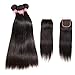 LONG YAO Brazilian Virgin Straight Human Hair 3 Bundles with 4 x 4 Lace Closure with Bundles Straight Human Hair Weave Natural Color(Straight 20 22 24+18 Closure, Straight Bundles with Closure)