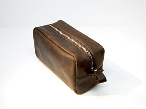 Leather Toiletry Bag Compact Dopp Kit for Travel Small 8" x 4" x 3,5" with Waterproof Lining, Travel Organizer for Men and Women, Zippered Cosmetic Pouch Case Shaving and Grooming Kit - Thumbnail 4