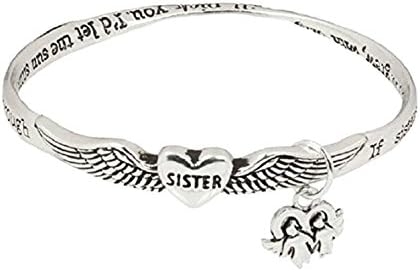 Silver-tone Sisters Twist Bangle Bracelet with Sisters Angel Heart Charm Prayer Card - Jewelry Nexus
