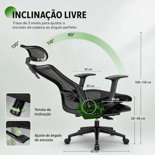Cadeira de Escritório Ergonômica Preta com Suporte Lombar Independente, Encosto em Malha Respirável, Apoio de Cabeça Ajustável, Altura Regulável, Giratória 360°, Conforto para Home Office e Trabalho