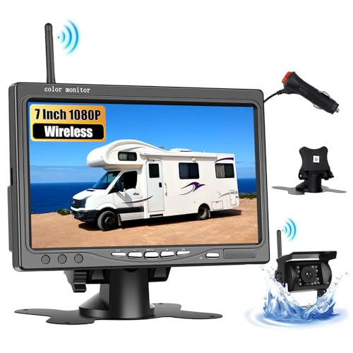 CAMECHO Wireless Reversing Camera IP68 Waterproof Night Vision Wide Angle Camera with 7 Inch HD Monitor for All Models, 12V-36V High Performance Chip with Line Reverse