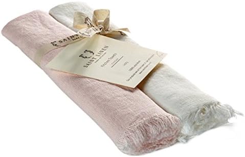 Saint Linen Set of 2 Linen Kitchen Towels Dish Cloth Stone Washed Towels in Ivory and Pink Size 17'' x 27'' Pure Linen with High Absorption, Soft Fabric and Lint-Free