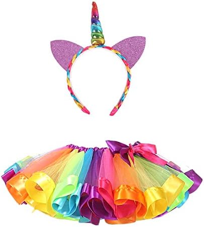 MFEU Girl Kids Rainbow Costume Set, Rainbow Pettiskirt Ballet Bowknot Rock Tutu Set, Unicorn Headband for Dance Party Carnival