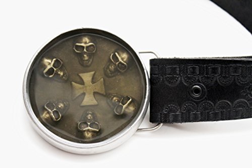 TFJ Men 3D Fashion Belt Buckle Silver Heavy Metal Skull Skeleton Iron Cross Gray