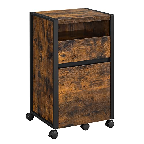 VASAGLE File Cabinet, Mobile Filing Cabinet with Wheels, 2 Drawers, 1 Storage Compartment, Fit A4, Letter Size, Hanging File Folders, for Home Office, Rustic Brown and Black UOFC047B01