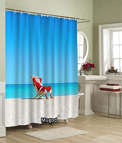 Mugod Santa Claus Shower Curtains Christmas Santa Claus Relaxing on Sunlounger at Ocean Sandy Tropical Beach Decorative Bathroom Waterproof Fabric Shower Curtain with 12 Hooks 60 x 72 Inches