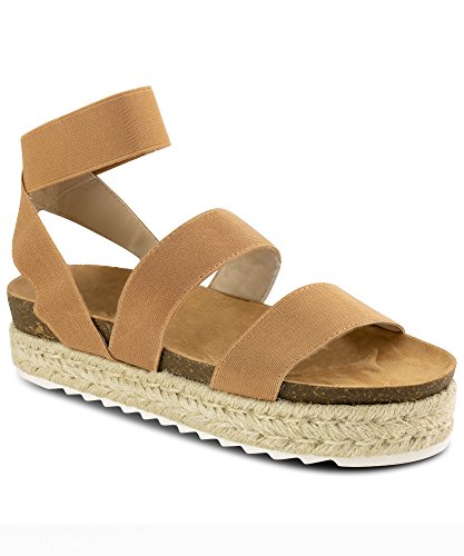 RF ROOM OF FASHION Women's Slide On Espadrille Platform Comfort Ankle Elastic Strap Footbed Wedge Sandal Shoes Camel (10)