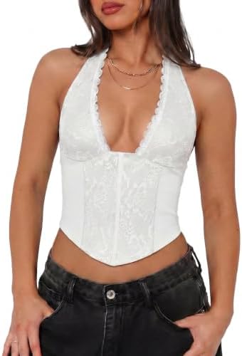 SOLY HUX Women's Lace Bustier Corset Tie Front Mesh Party Going
