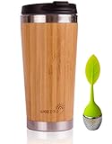 Elegant Reusable Bamboo Eco Travel Mug (Thermos) for Coffee or Tea | Splash-Proof, Easy to Clean Lid | Silicone Tea Infuser Included (15 Oz)