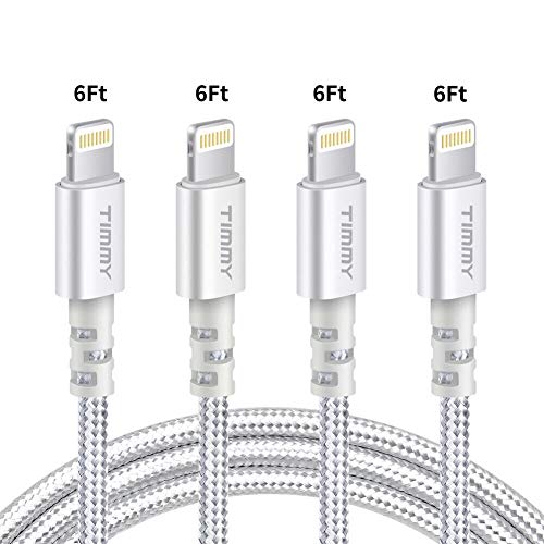 TIMMY Phone Charger Cable 4PACK 6Feet Extra Long Nylon Braided USB Charging Cable High Speed Connector Data Sync Transfer Cord Compatible with Phone XS Max/X/8/7/Plus/6S/6/SE/5S ipad (Silver-4pack)